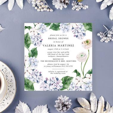 Blue Hydrangea White Rose Bridal Shower Square Invitations