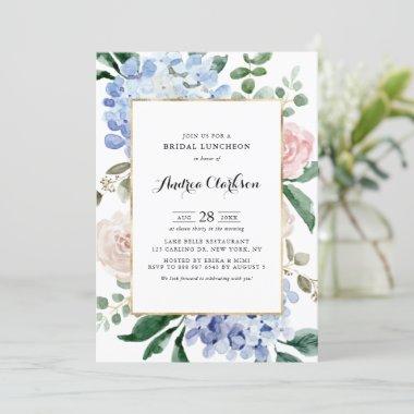 Blue Hydrangeas and Pink Roses Bridal Luncheon Invitations
