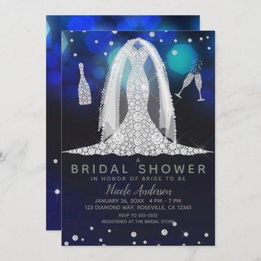 Blue Lights Diamond Wedding Dress Bridal Shower Invitations