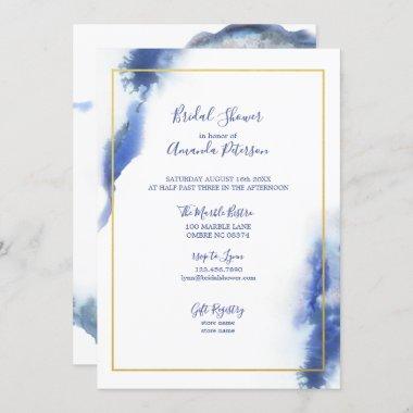 Blue Marble Ombre Gold Frame Bridal Shower Invitations