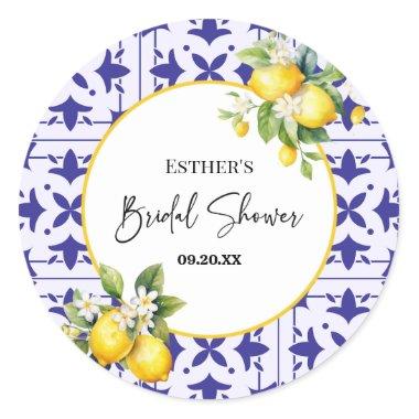 Blue Mediterranean Tile Lemon Bridal Shower Classic Round Sticker