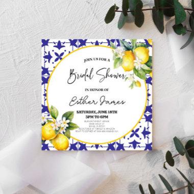 Blue Mediterranean Tile Lemon Floral Bridal Shower Invitations