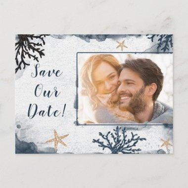 Blue Nautical Coral Watercolor Beach Save the Date PostInvitations