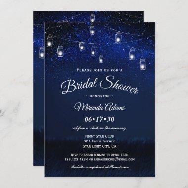 Blue Night Mason Jar String Lights Bridal Shower Invitations