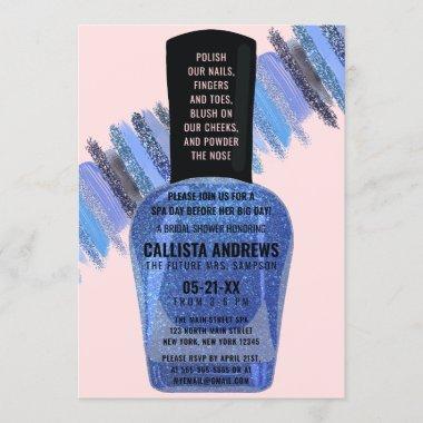 Blue Pink Glitter Nail Polish Spa Bridal Shower Invitations