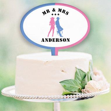 Blue & Pink Mr Mrs Husband Wife Cowboy Couples Cake Topper