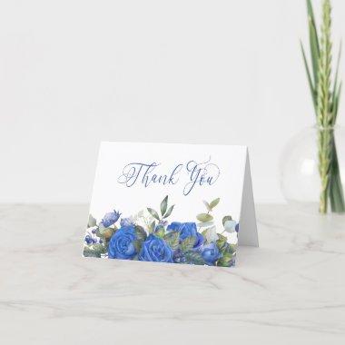 Blue Rose and Eucalyptus Elegant Calligraphy Thank You Invitations