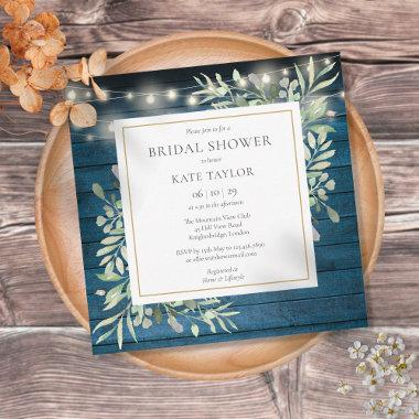 Blue Rustic String Lights Greenery Bridal Shower Invitations