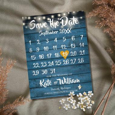 Blue Rustic Wood Gold Heart Calendar Save the Date Announcement PostInvitations