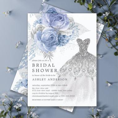 Blue & Silver Floral Wedding Dress Bridal Shower Invitations
