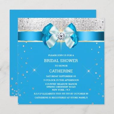 Blue silver shimmer bow sparkle glitter Invitations