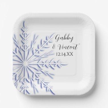 Blue Snowflake on White Winter Wedding Paper Plates