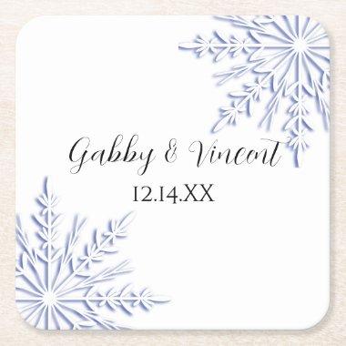 Blue Snowflakes on White Winter Wedding Square Paper Coaster