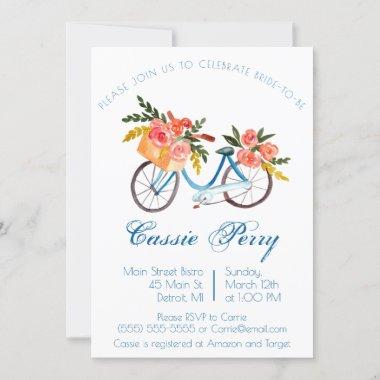 Blue Watercolor Bicycle Floral Bridal Shower Invit Invitations