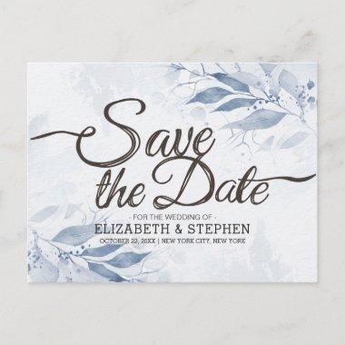 Blue Watercolor Leaves Chic Wedding Save The Date PostInvitations