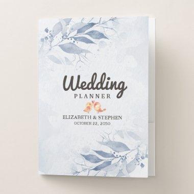 Blue Watercolor Leaves Flower Chic Wedding Planner Pocket Folder