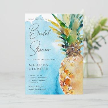 Blue Watercolor Tropical Pineapple Bridal Shower Invitations