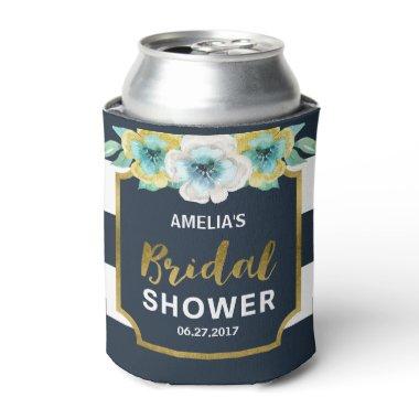 Blue White and Faux Gold Floral Bridal Shower Can Cooler
