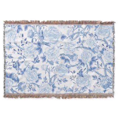 Blue White Chinoiserie Floral Peony Birds Pattern Throw Blanket