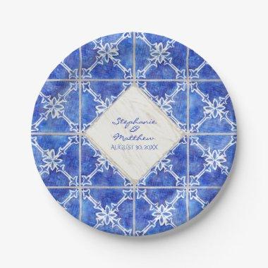 Blue White Tile Wedding Watercolor Rustic Country Paper Plates