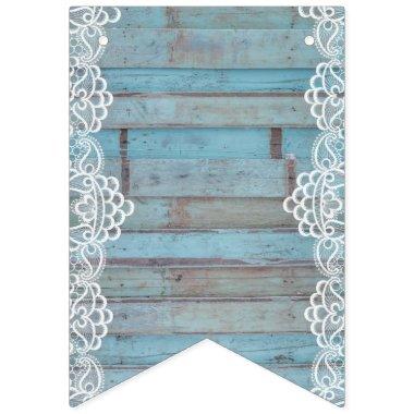 Blue Wooden Panel With White Lace Bunting Flags
