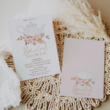 Blush Brown Boho Floral Tea Party Bridal Shower Invitations