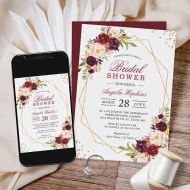 Blush Burgundy Floral Gold Frame Bridal Shower Invitations