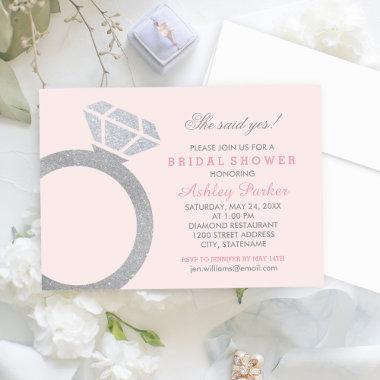 Blush Diamond Ring Glitter Wedding Bridal Shower Invitations