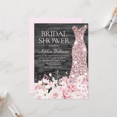 Blush Floral Dress Rustic Charcoal Bridal Shower Invitations