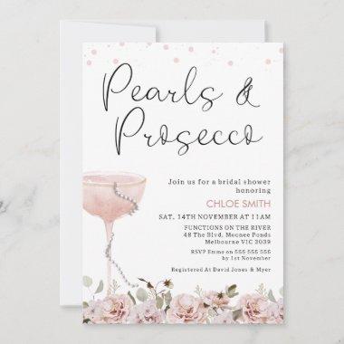 Blush Floral Glass Pearls Prosecco Bridal Shower Invitations