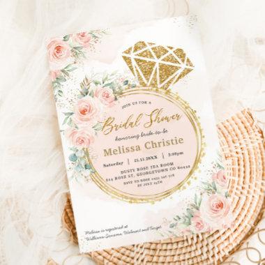 Blush Floral Gold Engagement Ring Bridal Shower Invitations