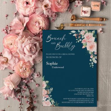Blush Floral Navy Bridal Brunch And Bubbly Invitations