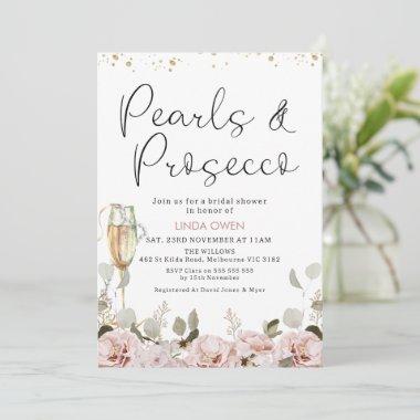 Blush Floral Pearls and Prosecco Bridal Shower Invitations