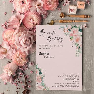 Blush Floral Pink Brunch And Bubbly Bridal Shower Invitations