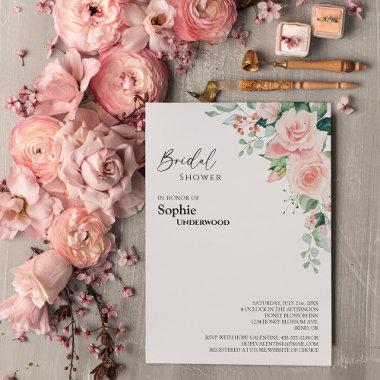Blush Floral White Wedding Bridal Shower Invitations