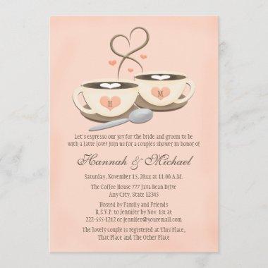 Blush Monogrammed Coffee Cup Heart Couples Shower Invitations