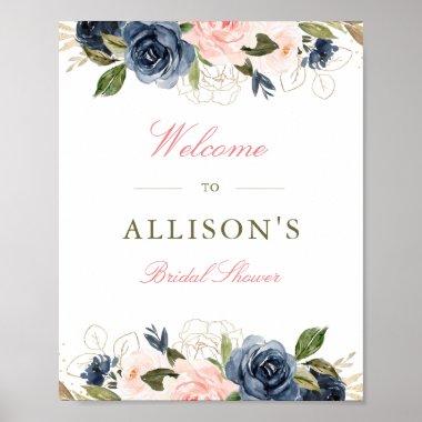 blush & navy floral bridal shower welcome sign