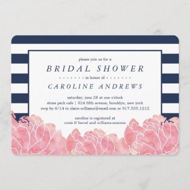 Blush Peony and Navy Stripe Bridal Shower Invitations