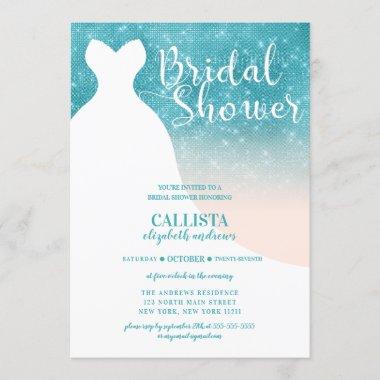 Blush Pink Blue Glitter Dress Bridal Shower Invitations