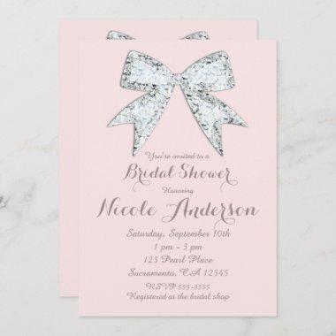 Blush Pink Diamond Bling Bow Glam Bridal Shower Invitations