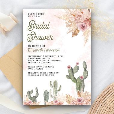 Blush Pink Floral Boho Pampas Cactus Bridal Shower Invitations