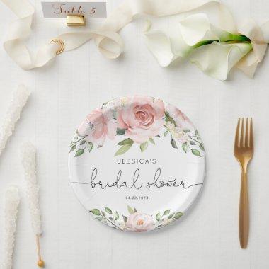Blush pink floral eucalyptus bridal shower paper plates