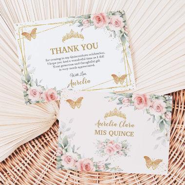 Blush Pink Floral Gold Crown Quinceañera Butterfly Thank You Invitations