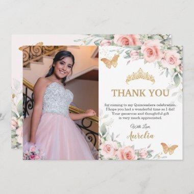 Blush Pink Floral Gold Crown Quinceañera Photo Thank You Invitations