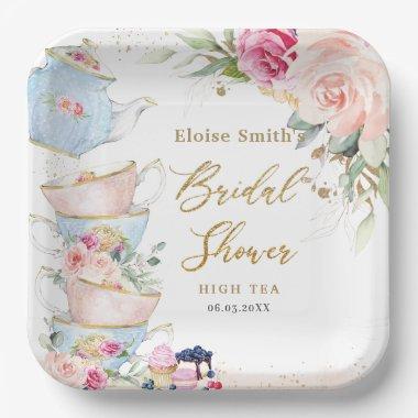 Blush Pink Floral High Tea Party Bridal Shower Paper Plates
