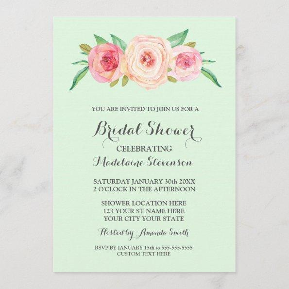 Blush Pink Floral Mint Green Bridal Shower Invitations