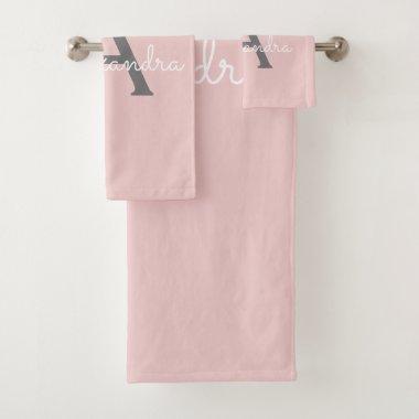Blush Pink Grey Modern Script Girly Monogram Name Bath Towel Set
