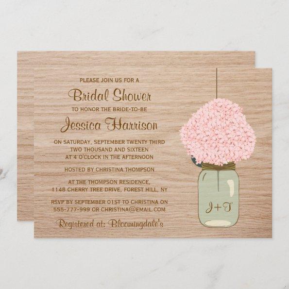 Blush Pink Hydrangea & Mason Jar Bridal Shower Invitations