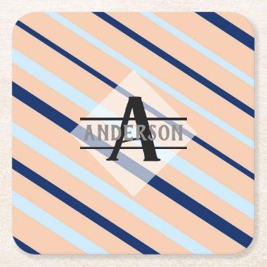 Blush Pink Navy Blue Monogram Square Paper Coaster