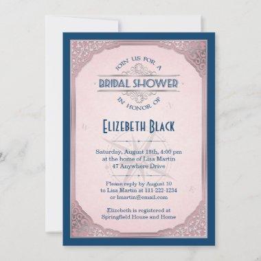 Blush Pink Navy Silver Vintage Frame Bridal Shower Invitations